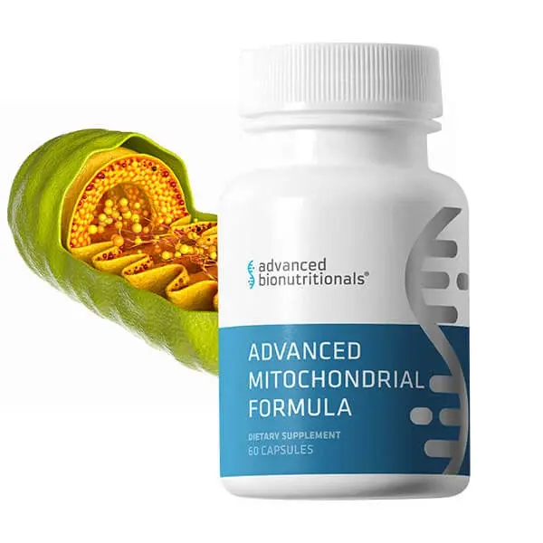 Advanced Mitochondrial Formula supplement bottle with 11 cellular energy nutrients